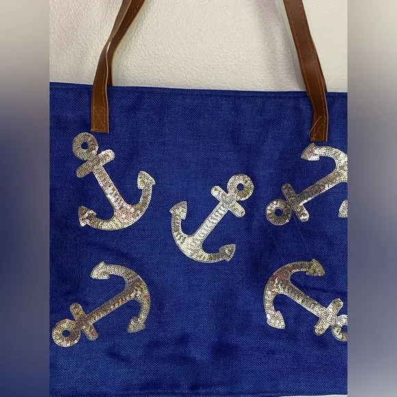 Isla Bonita Dark Blue Silver Sequined Anchors Woven Lined Beach Tote NWT - Picture 2 of 7